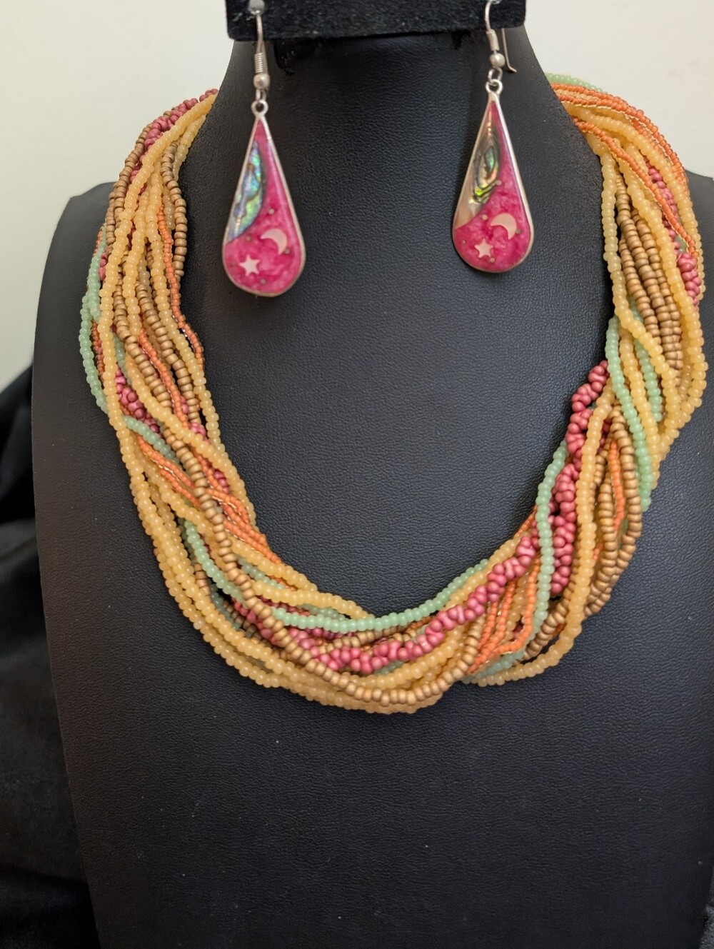 #36. Vintage Multi Strand Beads Necklace &  Alpaca Silver Earrings w Abalone